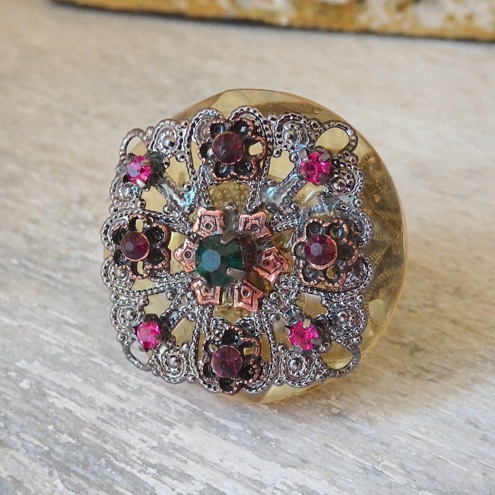 Unqiue OOAK Vintage Upcycled Parts Assemblage Art Faceted Resin Steampunk Ring